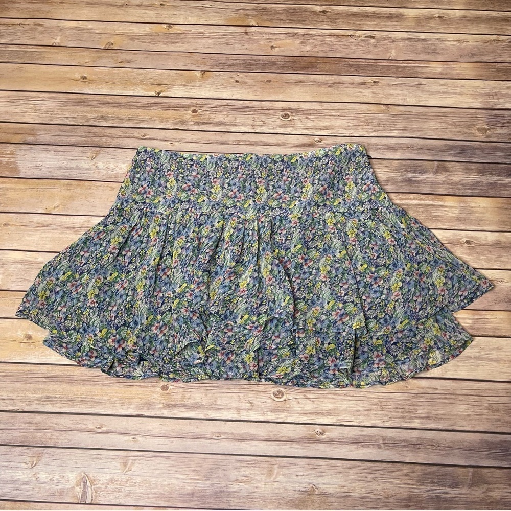 MNG By Mango Blue Yellow Green Pink Floral Tiered Mini Skirt Size 12